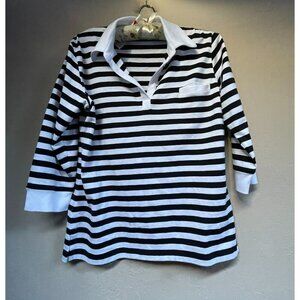 New Debra C Carmel Women White/Black Stripes All Over Polo Shirt 3/4 Sleeve Top